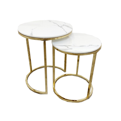 Cato Nest of 2 Tall Gold End Tables with Polar White Sintered Stone Tops