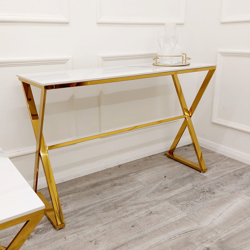 PROMO Zion Gold Console Table with Polar White Sintered Top
