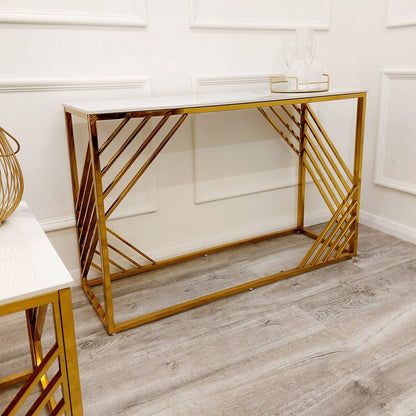 PROMO Azure Gold Console Table with Polar White Sintered Top