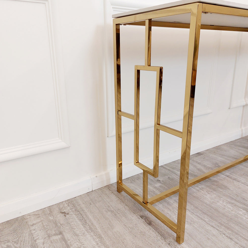PROMO Geo Gold Console Table with Polar White Sintered Top