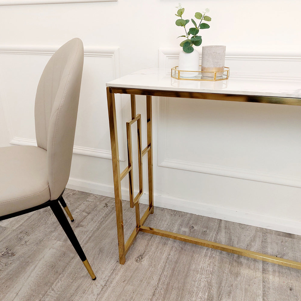 PROMO Geo Gold Console Table with Polar White Sintered Top