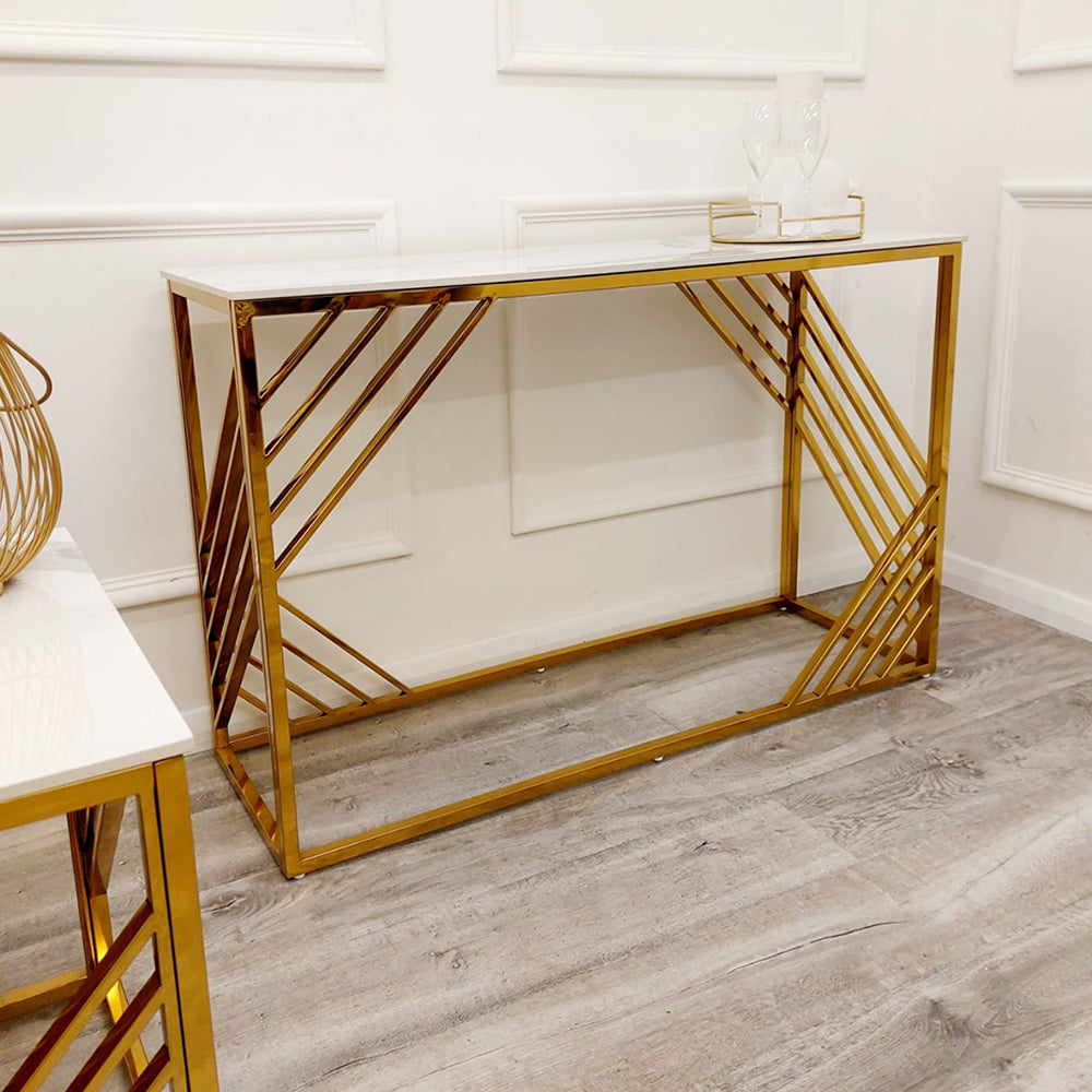 PROMO Azure Gold Console Table with Polar White Sintered Top