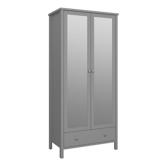 Tromso 2 Mirror Doors + 1 Drawer Wardrobe Folkestone Grey with Leather Handles