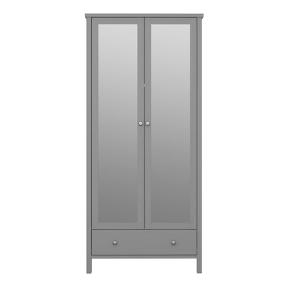 Tromso 2 Mirror Doors + 1 Drawer Wardrobe Folkestone Grey with Leather Handles