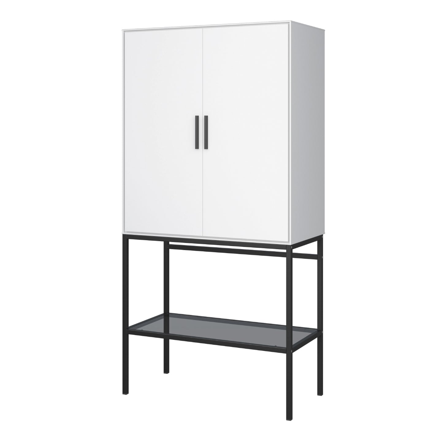 Slimline 2 Door Tall Cabinet in Pure White with Steel Black Legs