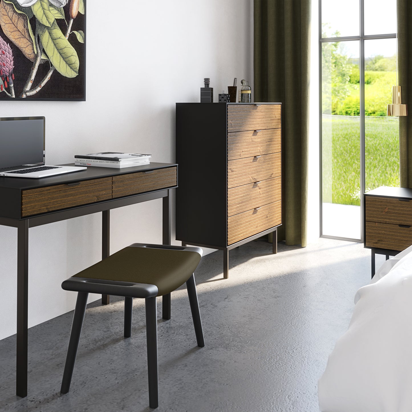 Soma Bedside Table 2 Drawers Granulated Black Brushed espresso