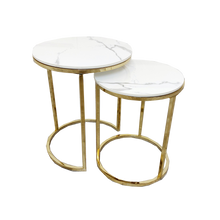 Cato Nest of 2 Tall Gold End Tables with Polar White Sintered Stone Tops