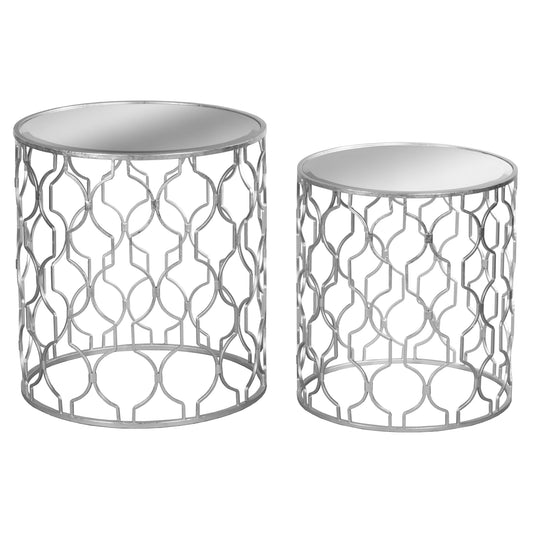 Set of Two Arabesque Silver Foil Mirrored Side Tables