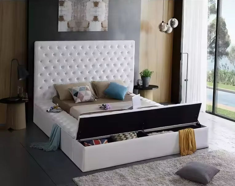 Buttoned side and foot storage bed