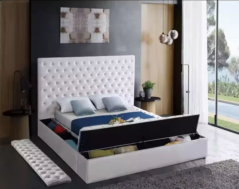 Buttoned side and foot storage bed