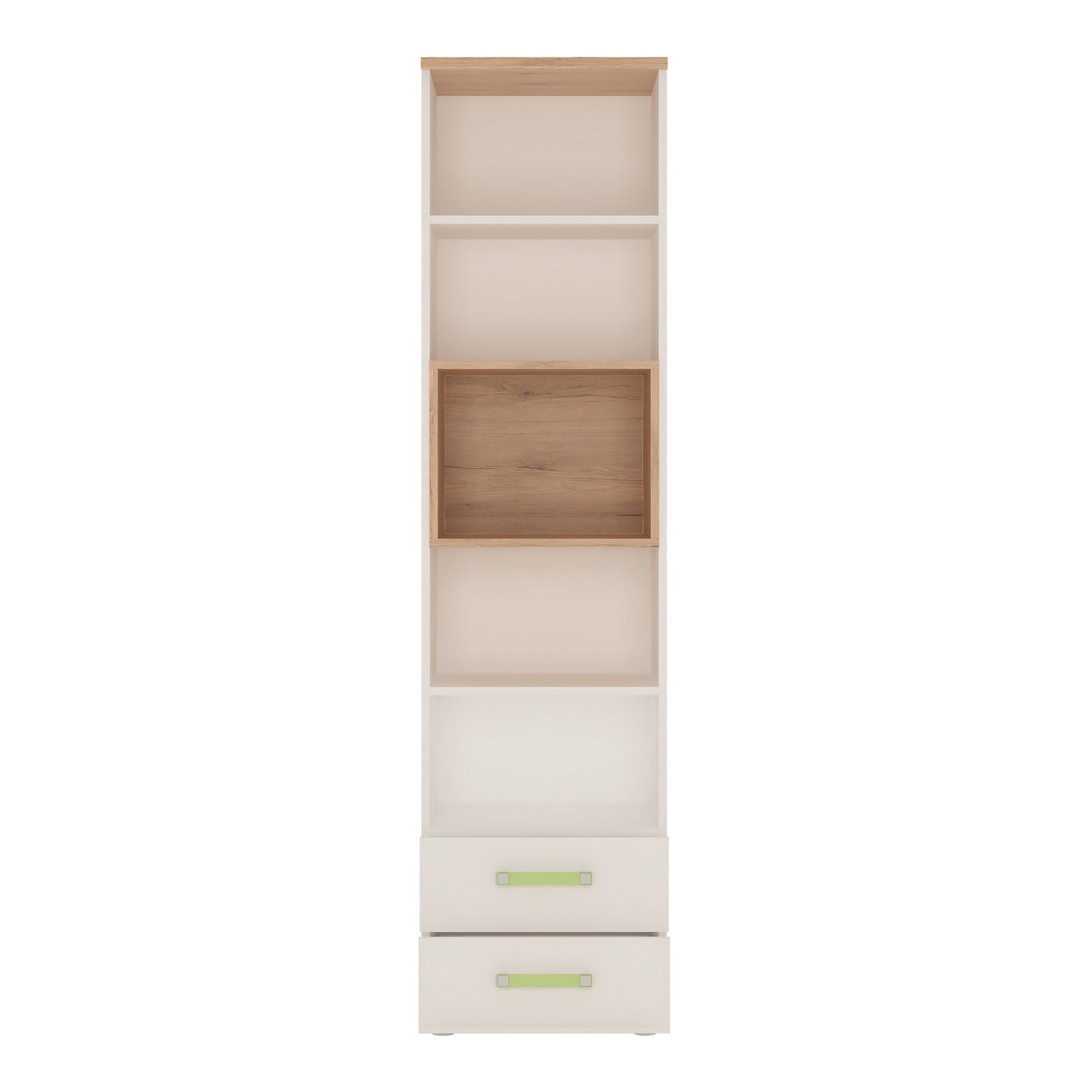 Tall 2 Drawer Bookcase in Light Oak and white High Gloss (lemon handles)