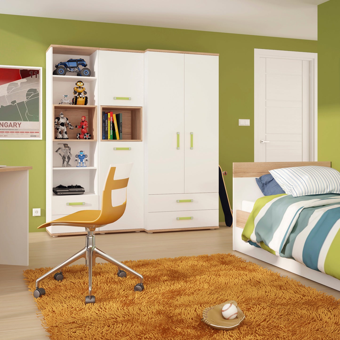 Tall 2 Drawer Bookcase in Light Oak and white High Gloss (lemon handles)