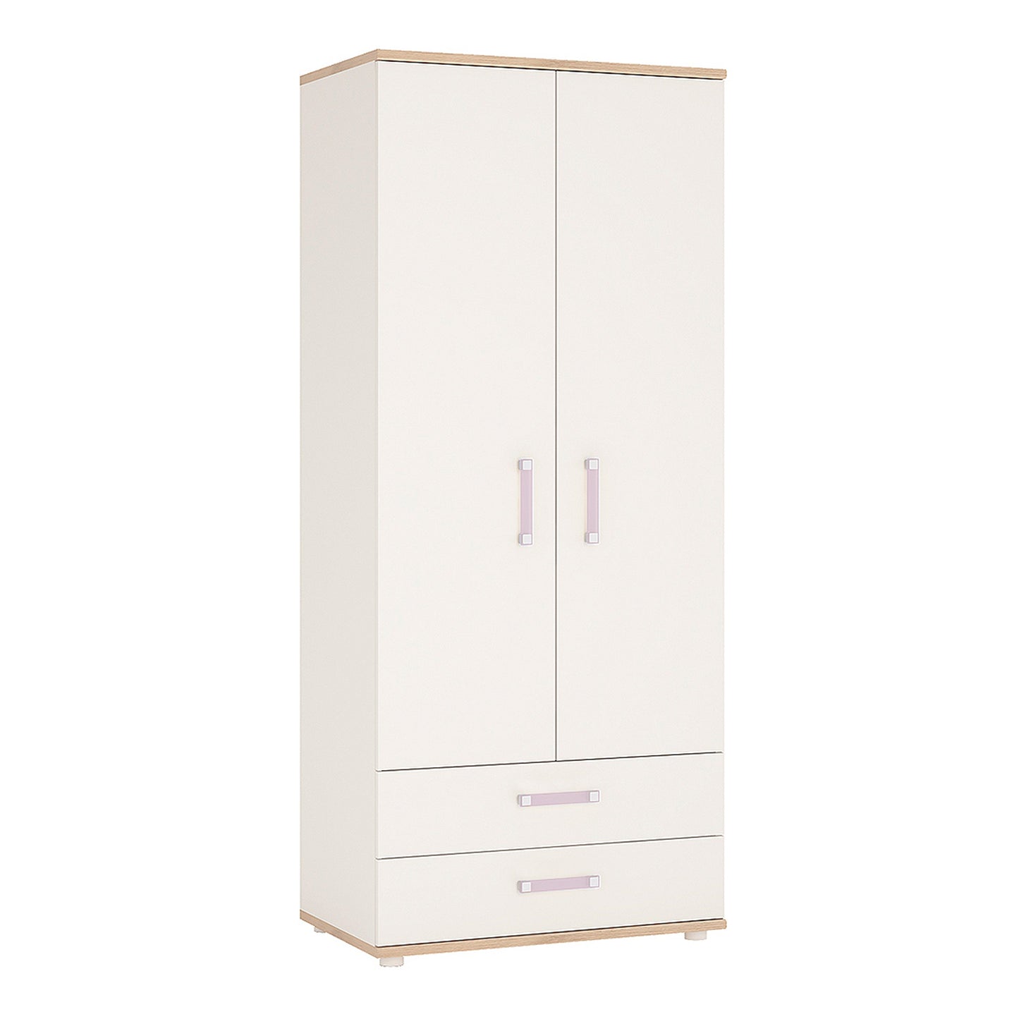 2 Door 2 Drawer Wardrobe in Light Oak and white High Gloss (lilac handles)