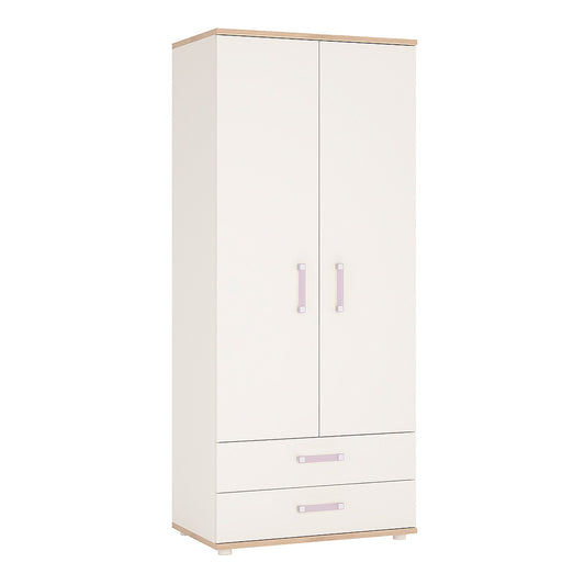 2 Door 2 Drawer Wardrobe in Light Oak and white High Gloss (lilac handles)