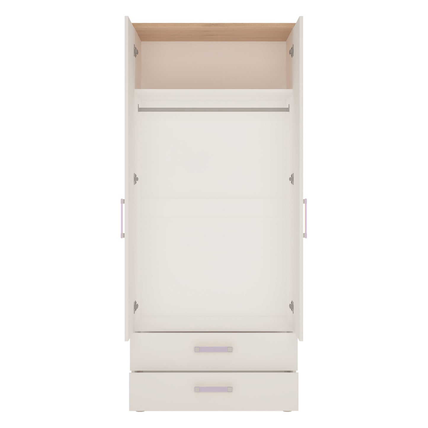 2 Door 2 Drawer Wardrobe in Light Oak and white High Gloss (lilac handles)