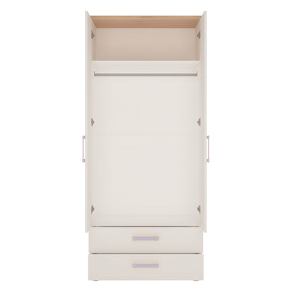 2 Door 2 Drawer Wardrobe in Light Oak and white High Gloss (lilac handles)