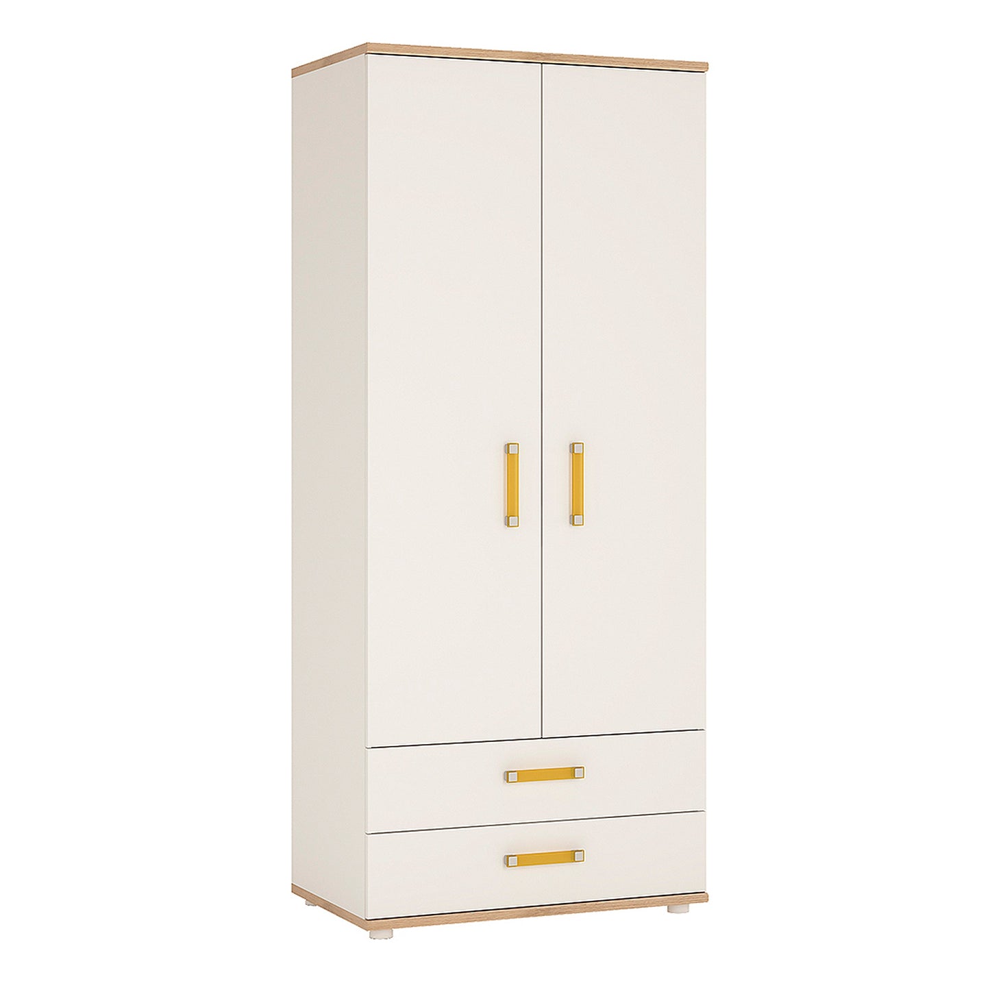 2 Door 2 Drawer Wardrobe in Light Oak and white High Gloss (orange handles)