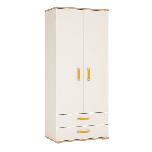 2 Door 2 Drawer Wardrobe in Light Oak and white High Gloss (orange handles)