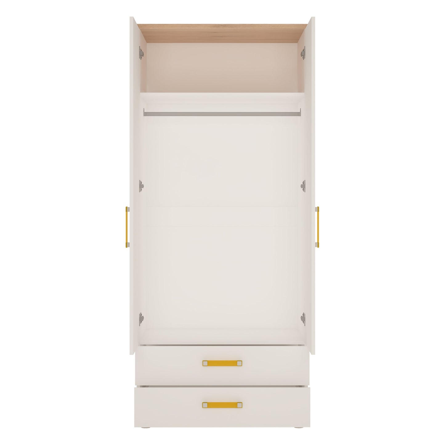 2 Door 2 Drawer Wardrobe in Light Oak and white High Gloss (orange handles)