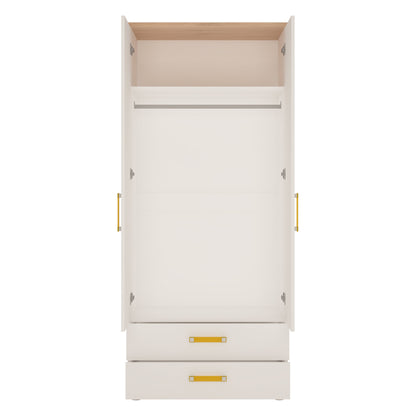 2 Door 2 Drawer Wardrobe in Light Oak and white High Gloss (orange handles)