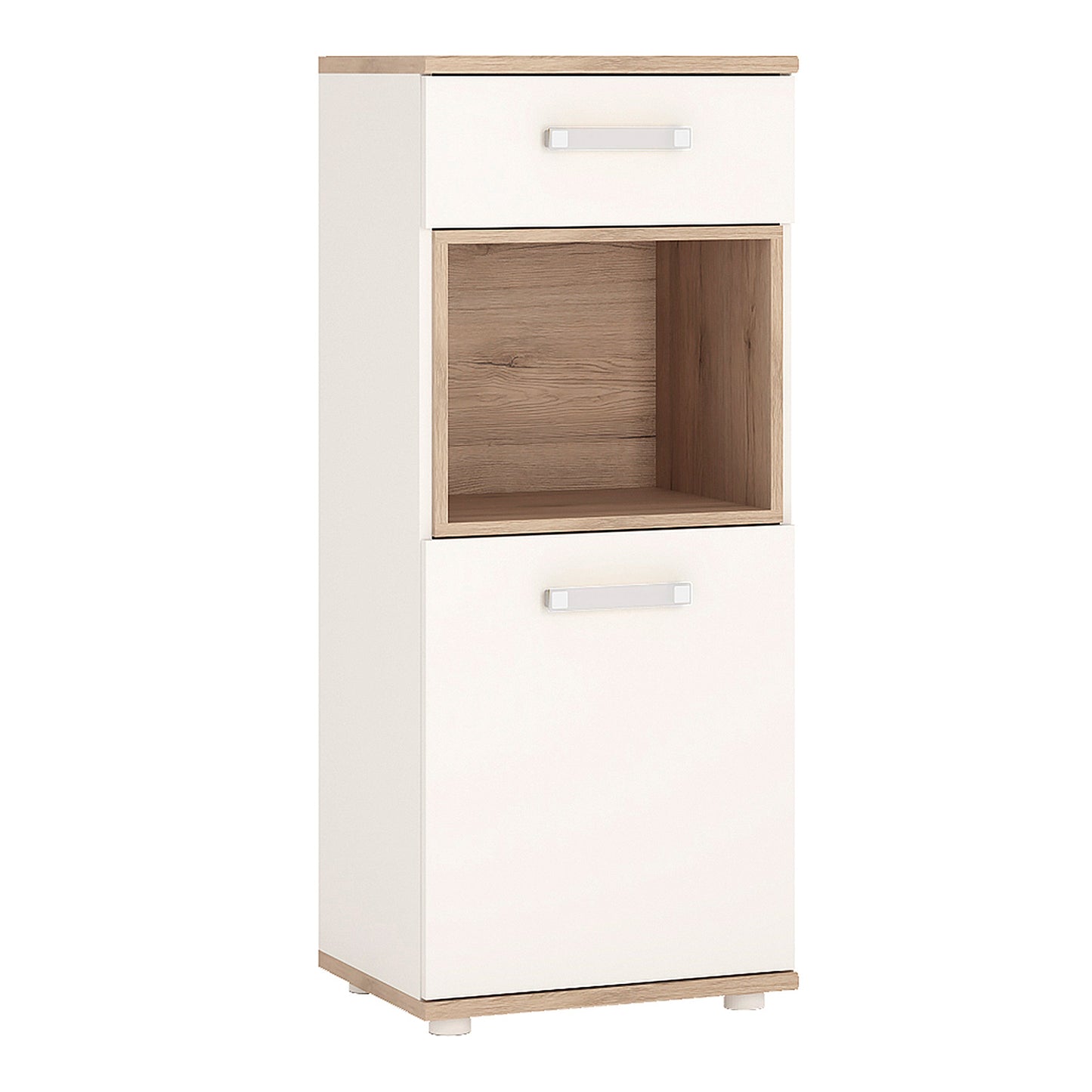 1 Door 1 Drawer Narrow Cabinet in Light Oak and white High Gloss (opalino handles)