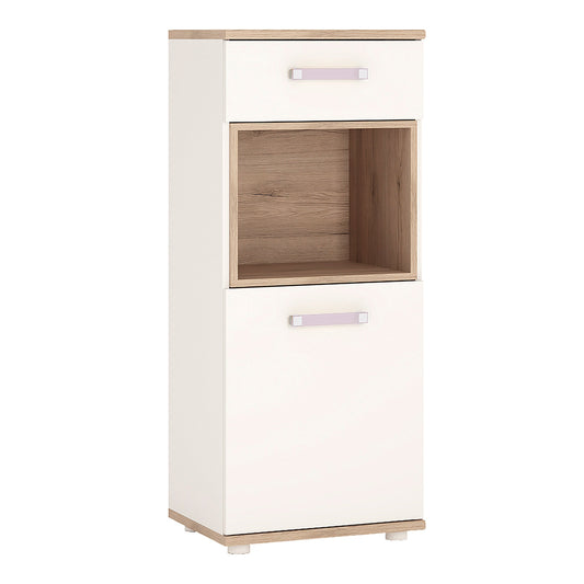 1 Door 1 Drawer Narrow Cabinet in Light Oak and white High Gloss (lilac handles)