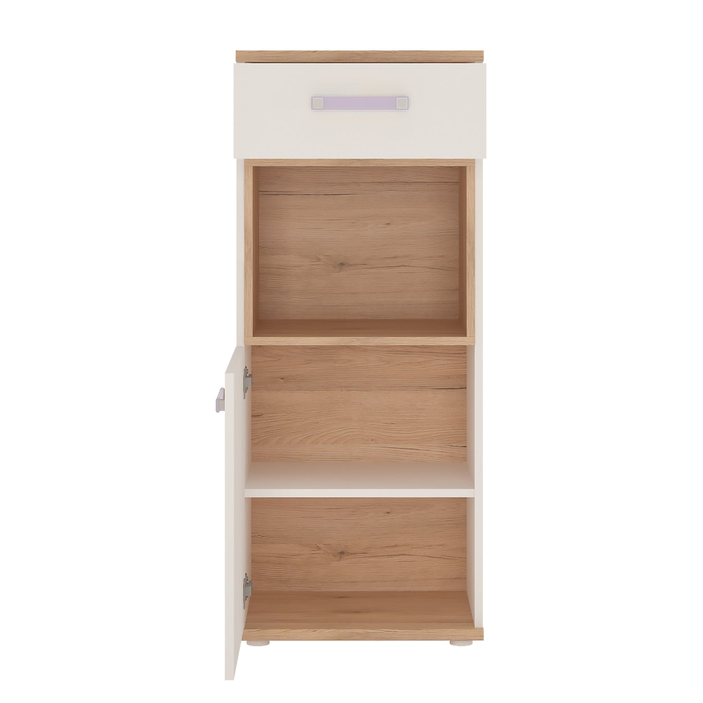 1 Door 1 Drawer Narrow Cabinet in Light Oak and white High Gloss (lilac handles)