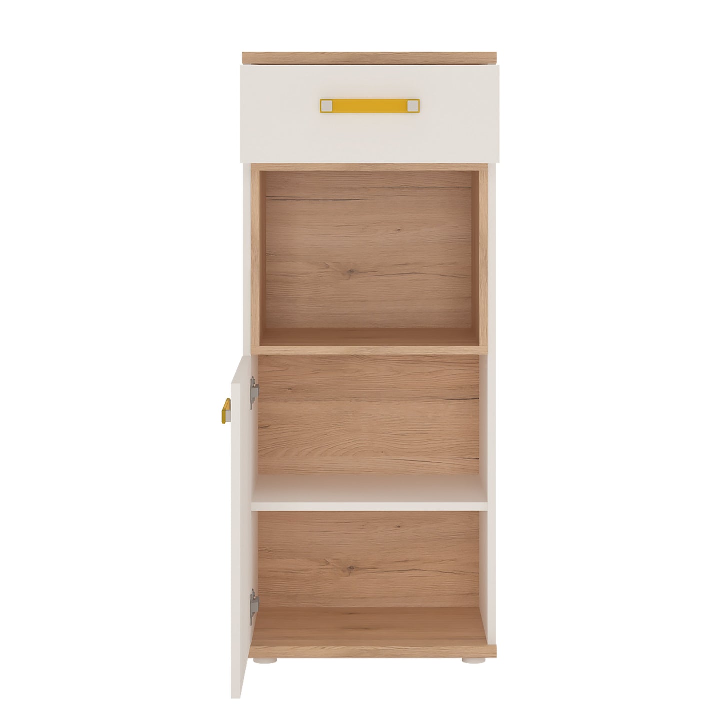 1 Door 1 Drawer Narrow Cabinet in Light Oak and white High Gloss (orange handles)