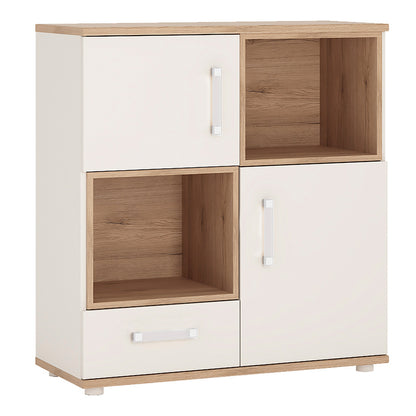 2 Door 1 Drawer Cupboard with 2 open shelves in Light Oak and white High Gloss (opalino handles)