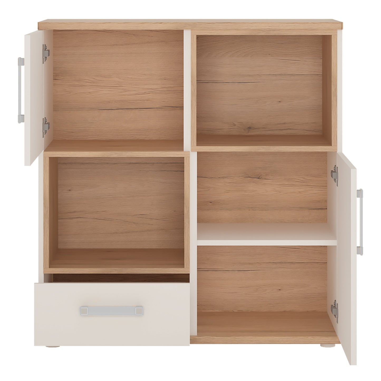 2 Door 1 Drawer Cupboard with 2 open shelves in Light Oak and white High Gloss (opalino handles)