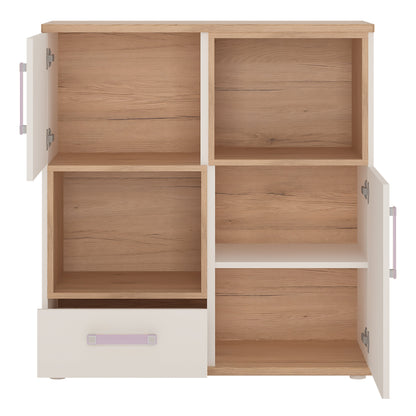 2 Door 1 Drawer Cupboard with 2 open shelves in Light Oak and white High Gloss (lilac handles)