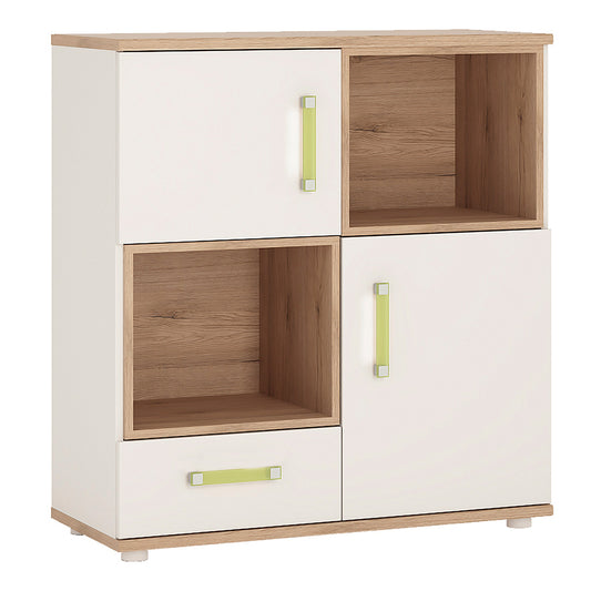 2 Door 1 Drawer Cupboard with 2 open shelves in Light Oak and white High Gloss (lemon handles)