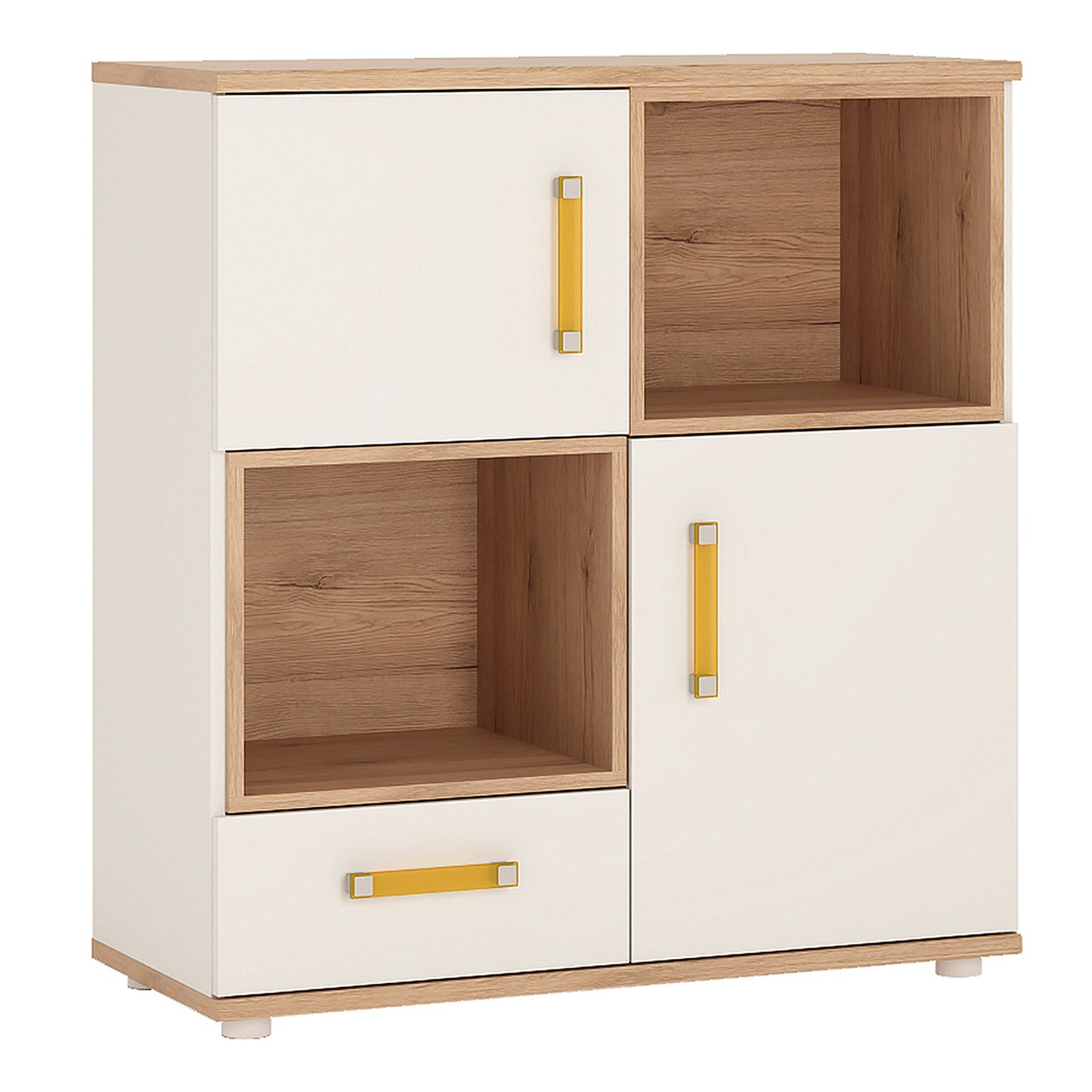 2 Door 1 Drawer Cupboard with 2 open shelves in Light Oak and white High Gloss (orange handles)