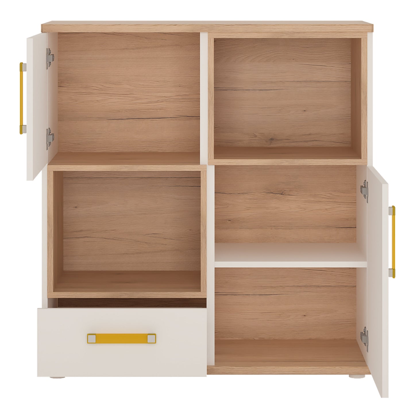 2 Door 1 Drawer Cupboard with 2 open shelves in Light Oak and white High Gloss (orange handles)