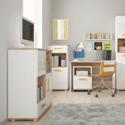 2 Door 1 Drawer Cupboard with 2 open shelves in Light Oak and white High Gloss (orange handles)