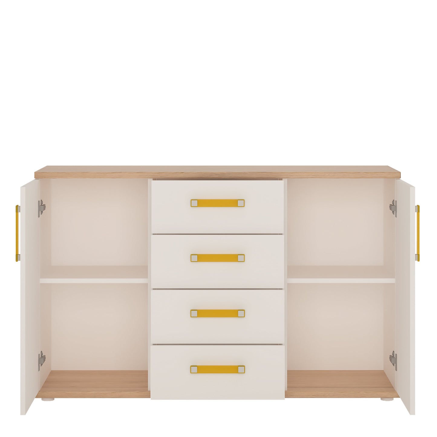 2 Door 4 Drawer Sideboard in Light Oak and white High Gloss (orange handles)