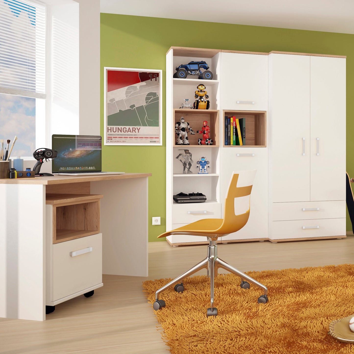 1 Door Desk Mobile in Light Oak and white High Gloss (opalino handles)