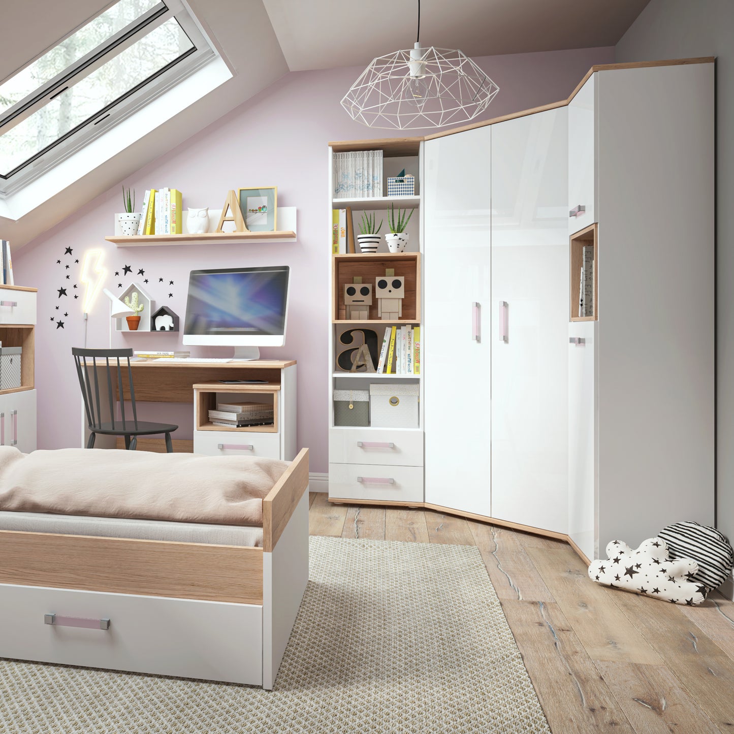 Kids 1 Door Desk Mobile in Light Oak and white High Gloss (lilac handles)