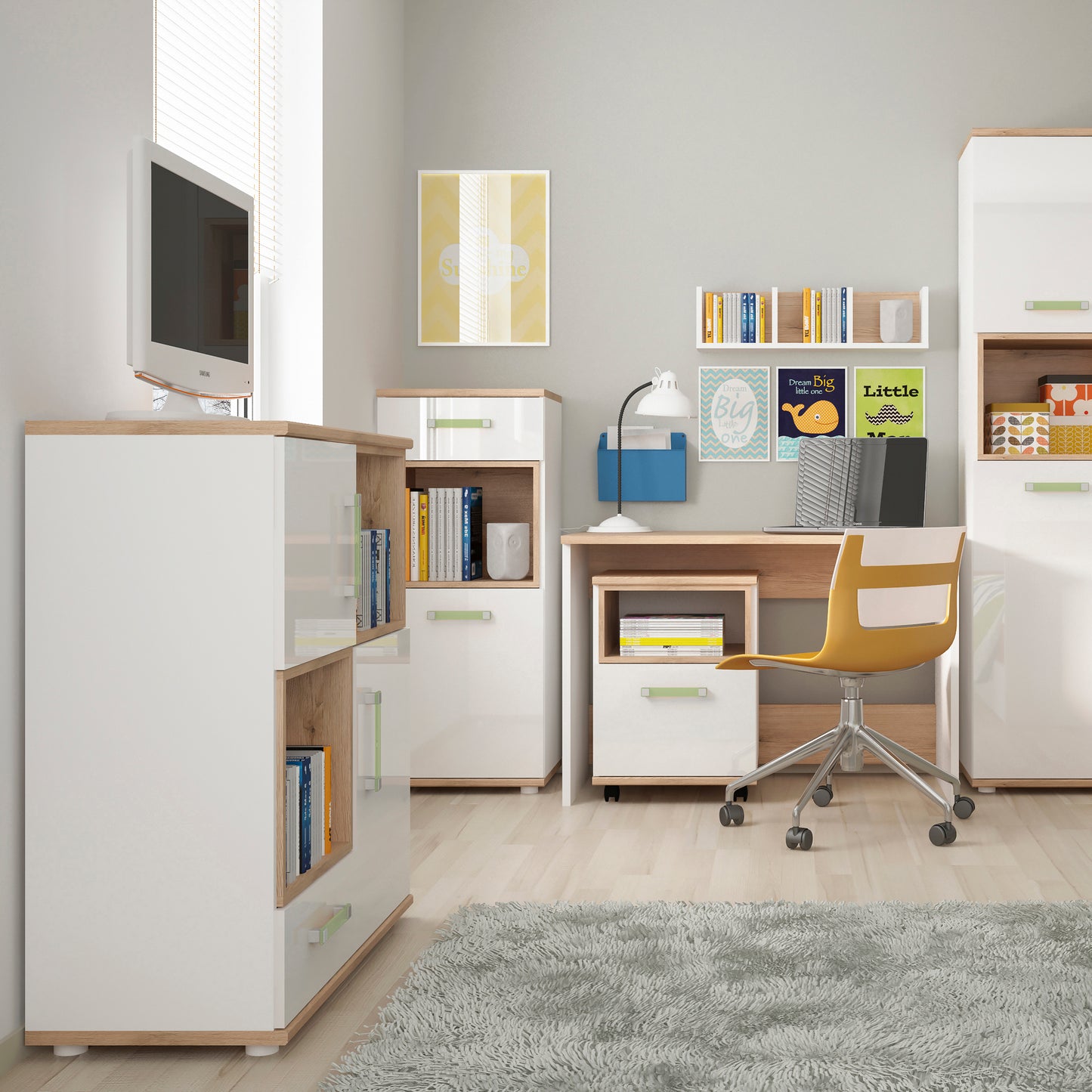 Kids 1 Door Desk Mobile in Light Oak and white High Gloss (lemon handles)