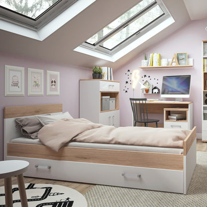 Kids Single Bed with under Drawer in Light Oak and white High Gloss (opalino handles)