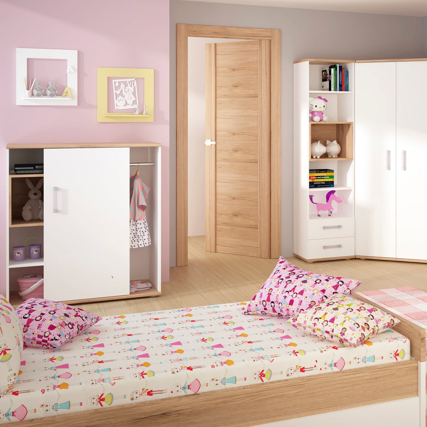 Kids Single Bed with under Drawer in Light Oak and white High Gloss (opalino handles)