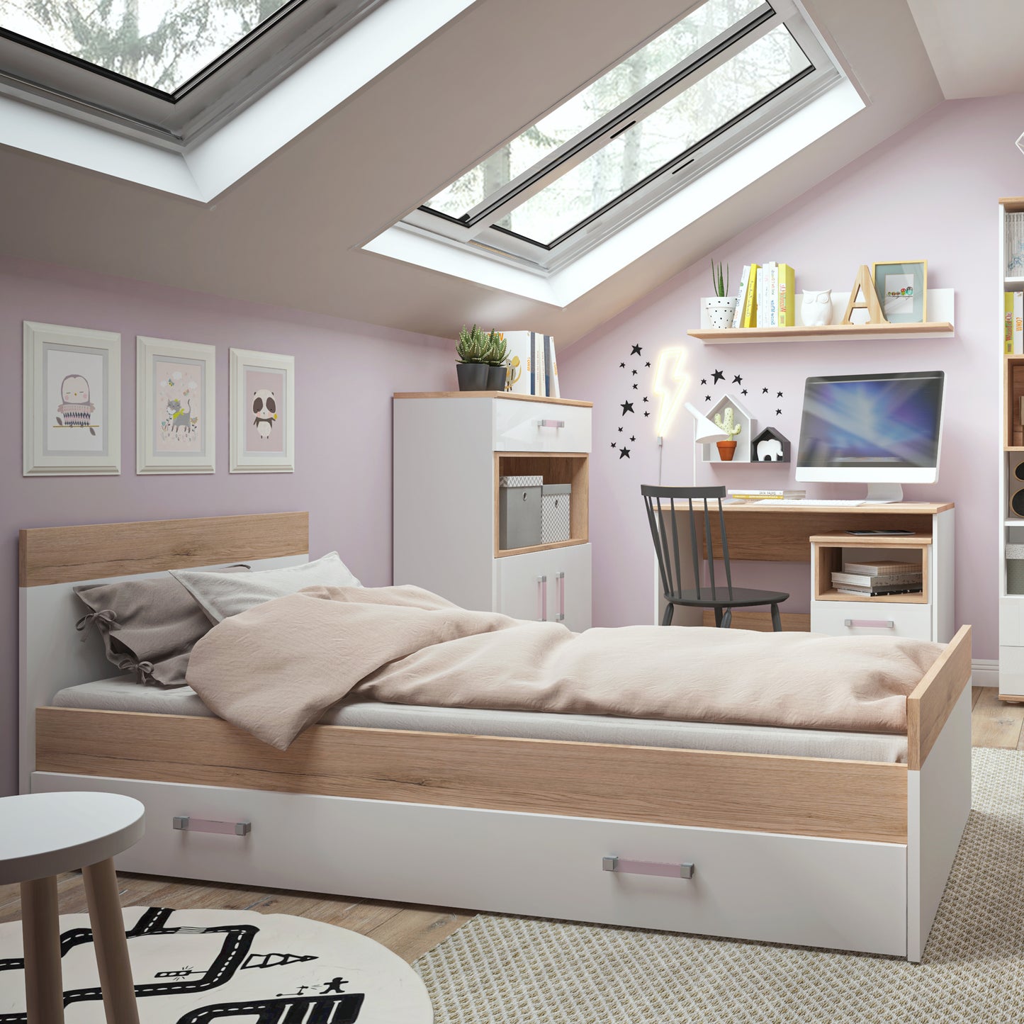 Kids Single Bed with under Drawer in Light Oak and white High Gloss (lilac handles)