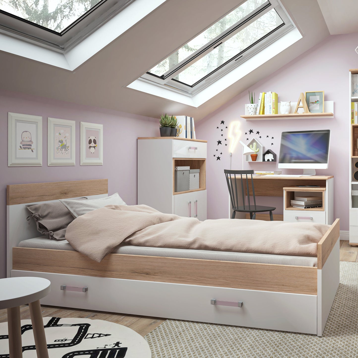 Single Bed with under Drawer in Light Oak and white High Gloss (lilac handles)