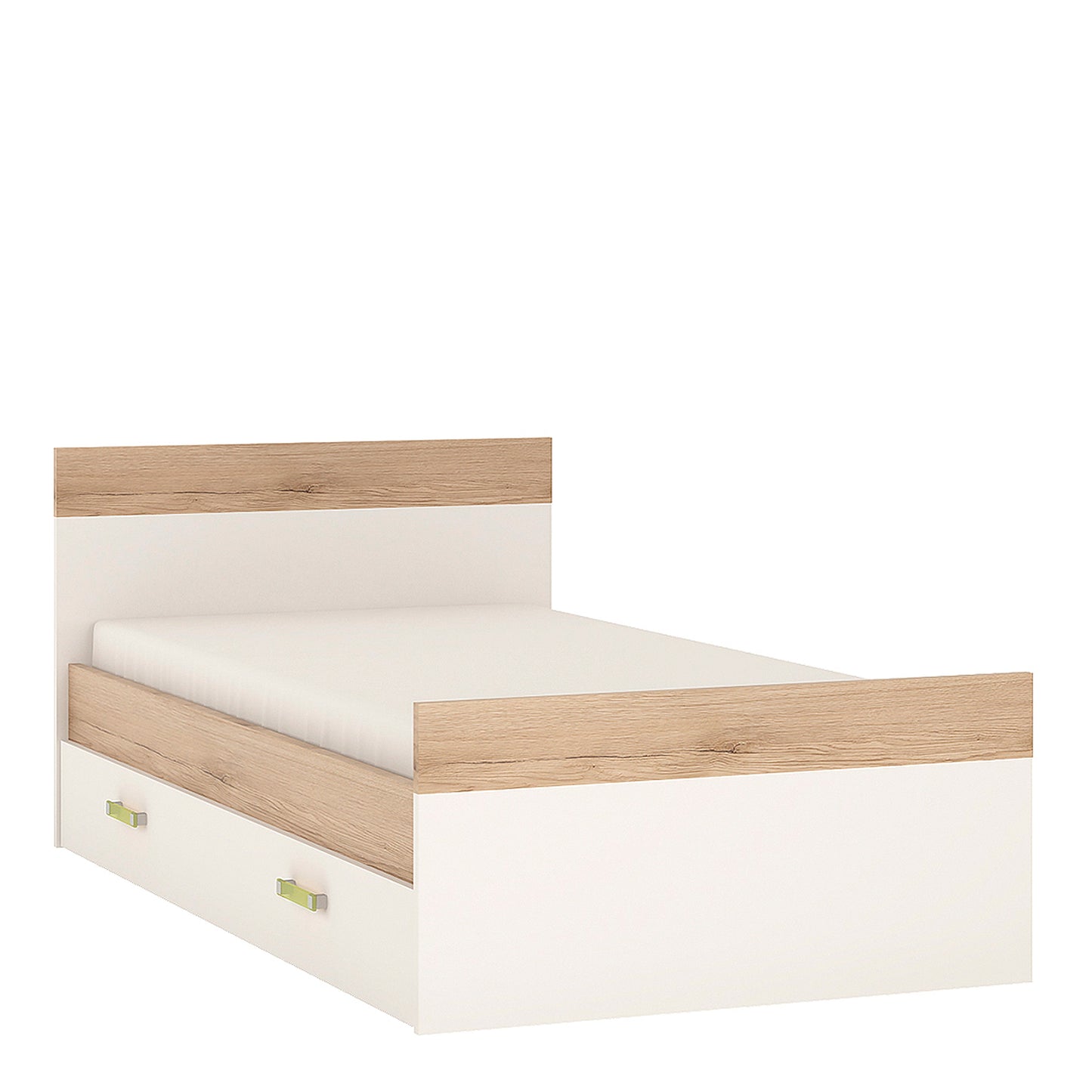 Single Bed with under Drawer in Light Oak and white High Gloss (lemon handles)