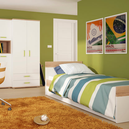 Kids Single Bed with under Drawer in Light Oak and white High Gloss (lemon handles)