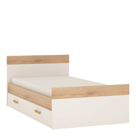 Kids Single Bed with Underbed Drawer in Light Oak and white High Gloss (orange handles)