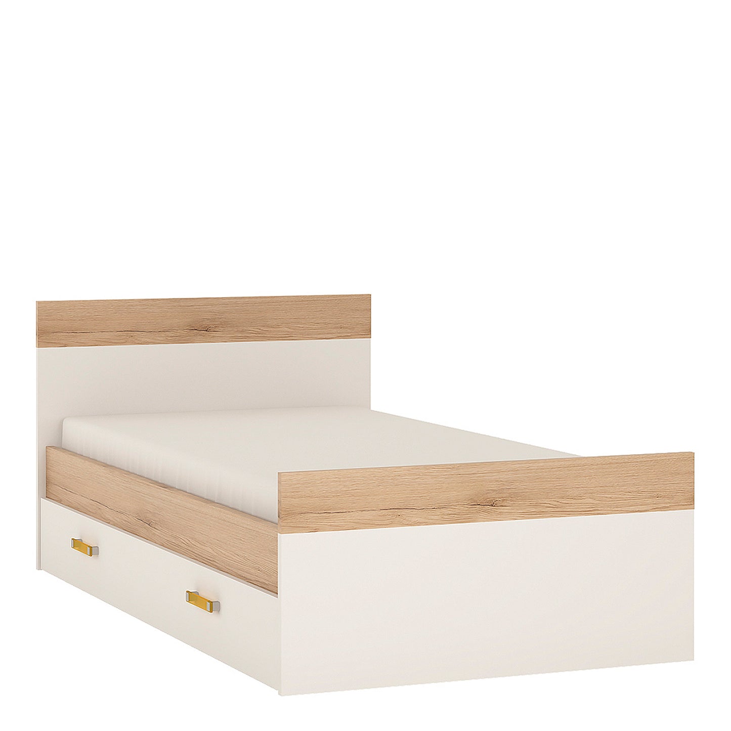 Single Bed with Underbed Drawer in Light Oak and white High Gloss (orange handles)