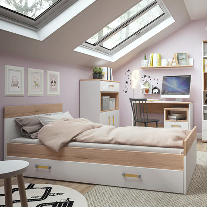 Kids Single Bed with Underbed Drawer in Light Oak and white High Gloss (orange handles)