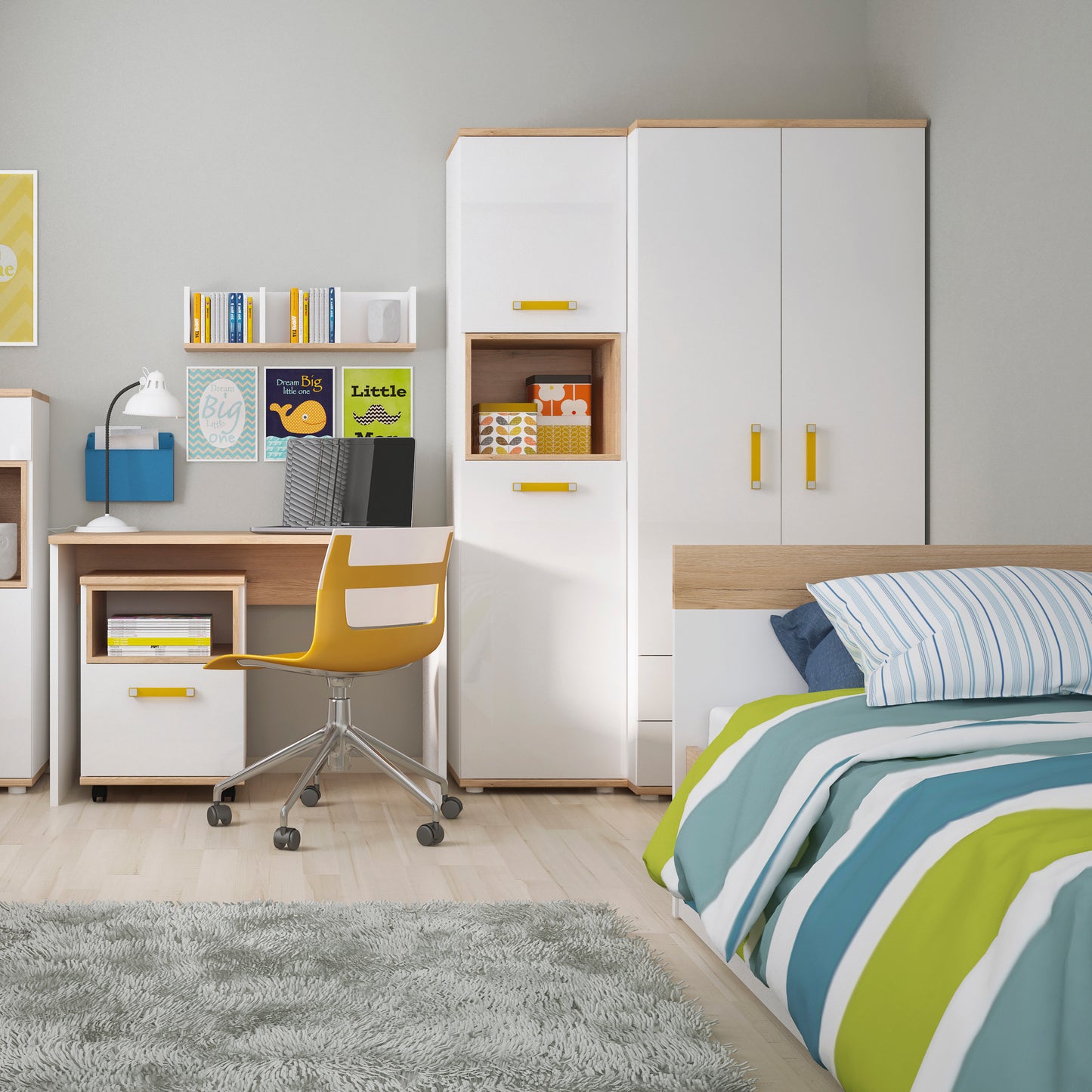 Kids Single Bed with Underbed Drawer in Light Oak and white High Gloss (orange handles)