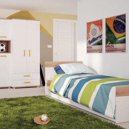 Kids Single Bed with Underbed Drawer in Light Oak and white High Gloss (orange handles)